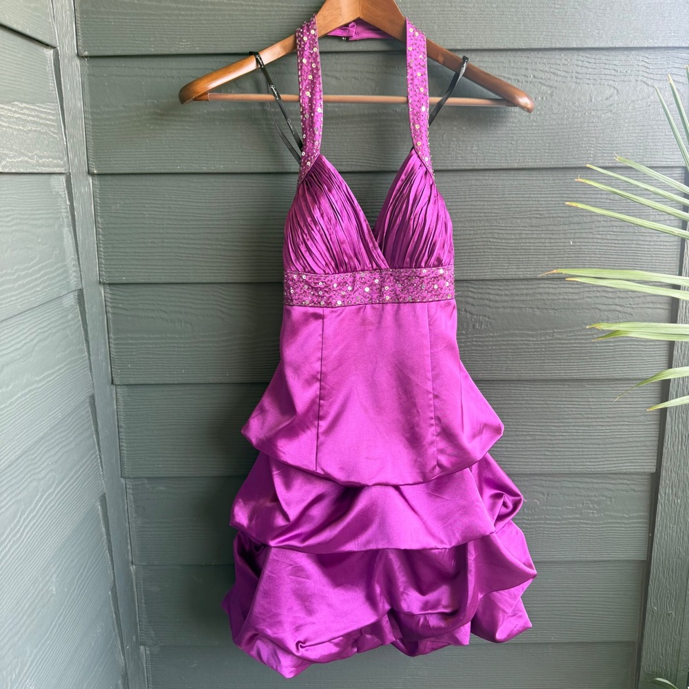 Xtraordinary Purple Satin Halter Bubble Skirt Mini Dress Sequin Waist Size 3